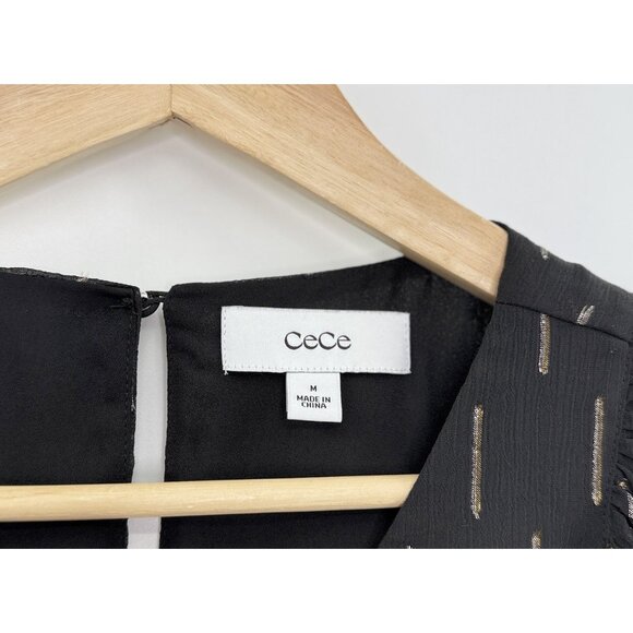 Cece Black Chiffon Flutter Sleeve Blouse Lined Metallic Print Sz M Office Preppy - Picture 7 of 9